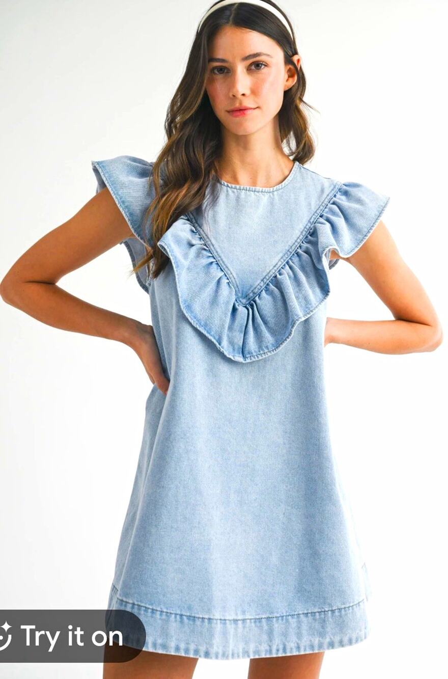 MABLE Lt Blue Wash Solid Denim Shift Dress Ruffle Sleeveless Babydoll Mini Sz S